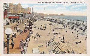 ATLANTIC CITY NEW JERSEY~BEACH SCENE SHOWING SAND SCULPTURE POSTCARD 1924