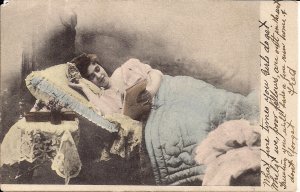 Beautiful Woman Reading in Bed, Boudoir, 1906, To Passenger on S.S. St. Louis