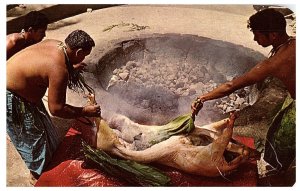Cooking a Pig w/  Imu Ground Over United Airlines Issued Travel Hawaii Postcard