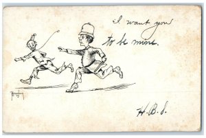 c1900's Police Man Chasing Hobo China Unposted Antique Postcard