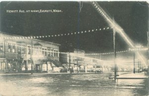 Everett Washington Hewitt Avenue at Night, Power Light Sign,  B&W Postcard Used