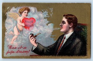 Valentine Postcard Cupid Angel Heart Man Pipe Smoking Winsch Back 1911 Antique