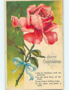 Pre-Linen BLUE RIBBON ON BEAUTIFUL PINK ROSE FLOWER HL5863