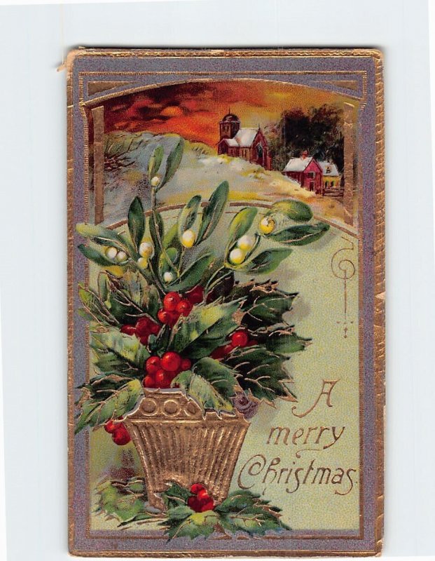 Postcard A merry Christmas with Hollies Embossed Art Print