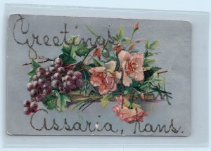 Greetings from ASSARIA, Kansas KS~ Embossed SALINE COUNTY Glitter 1910s Postcard