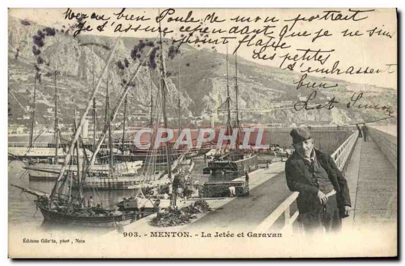 Old Postcard Menton Garavan La Jetee and Yacht Sailing