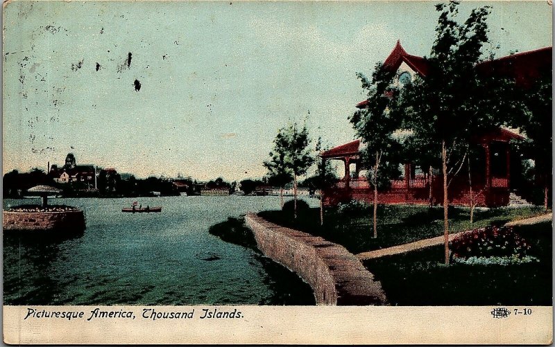 1908 THOUSAND ISLANDS NEW YORK LAKE HOUSE BOATS FLOWERS EARLY POSTCARD 39-39