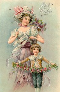 Embossed Silver Gilded Postcard Best Wishes Little Boy and Woman W Rose Garland