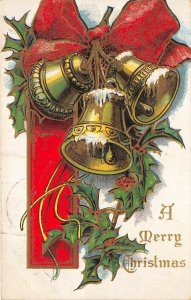 MERRY CHRISTMAS 1909 Postcard Red Bow Gold Bells Holly Navarre Ohio Cancel