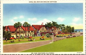 Hotel Del Mar English Cottages Souther California Linen Scalloped Postcard VTG 