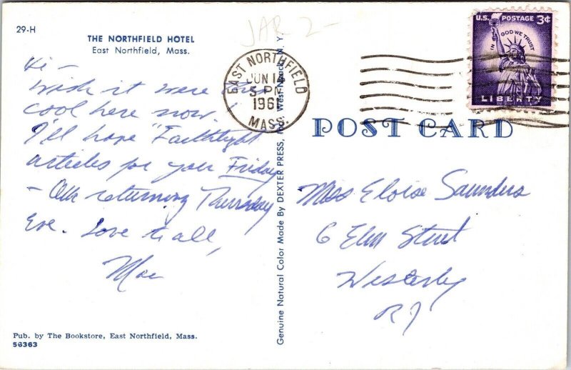 Northfield Hotel Streetview East Northfield Mass Chrome Cancel WOB Postcard 