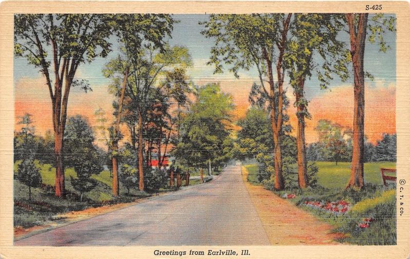 Earlville Illinois~Country Road Passing by Trees & Field~1938 Postcard