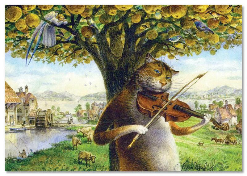 CAT & Angel on Tree Love melody Violin Fantasy Russian Unposted Postcard