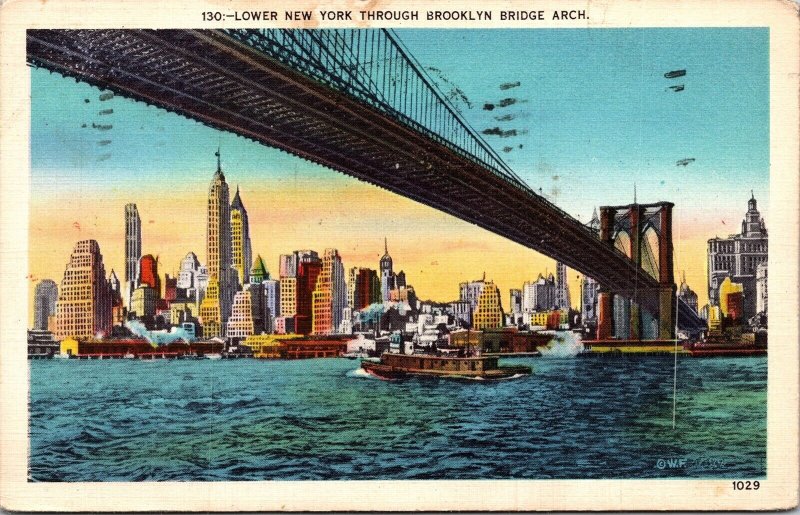 Lower New York Through Brooklyn Bridge Arch Divided Back Antique Postcard NY 