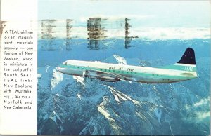 VINTAGE POSTCARD TEAL-NEW ZEALANDS'S NATIONAL AIRLINE OVER MOUNTAIN SCENERY 1968