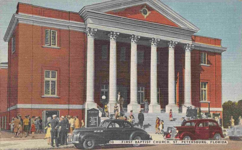 First Baptist Church Cars St Petersburg Florida 1948 linen postcard