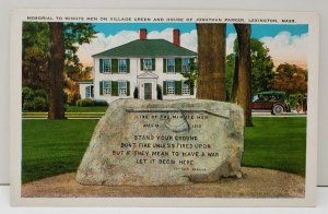 Memorial to Minute Men on Green and House Jonathan Parker Lexington Postcard C13
