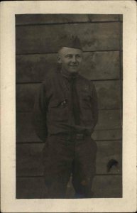 WWI US Solider Uniform Belt Tie Cap c1918 France Real Photo postcard