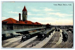 c1910 Aerial View Union Depot Locomotive Trains Denver Colorado Antique Postcard