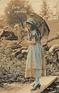 HELP WANTED~BEAUTIFUL YOUNG GIRL W/ UMBRELLA~1917 TINTED PHOTO~ROMANCE POSTCARD