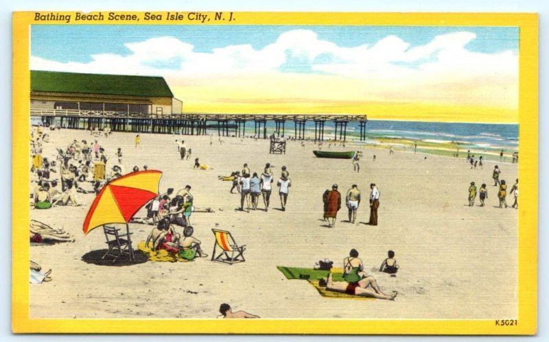 SEA ISLE CITY, New Jersey NJ ~ BEACH SCENE c1940s Cape May County Linen Postcard