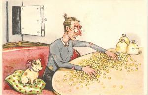 \Greedy woman counting money. Dog\ Humorous vintage PC