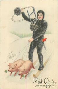 New Year luck chimney sweep & pigs ski early greetings postcard