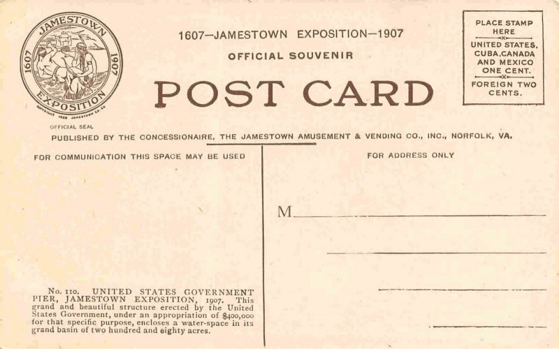 US Government Pier Jamestown Exposition 1907 Virginia postcard
