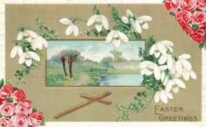 Vintage Postcard 1911 Easter Greetings Landscape Flower Design Holiday Wishes