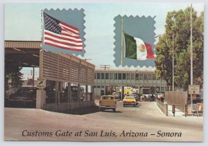 San Luis AZ~Customs Gate To Sonora Mexico~US-Mexico Flags~Continental Postcard