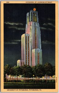 1945 Cathedral of Learning at Night University of Pittsburgh PA Posted Postcard