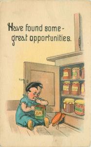 Comic Humor naughty girl eating Jam Raiding Larder 1950 Postcard 2077