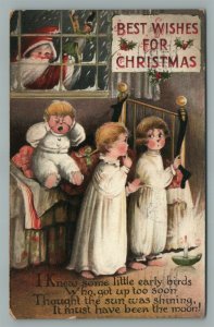 SANTA in WINDOW CHRISTMAS WISHES ANTIQUE POSTCARD