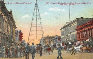 H27/ San Jose California Postcard 1910 Tower Crowd Stores Wagons First St