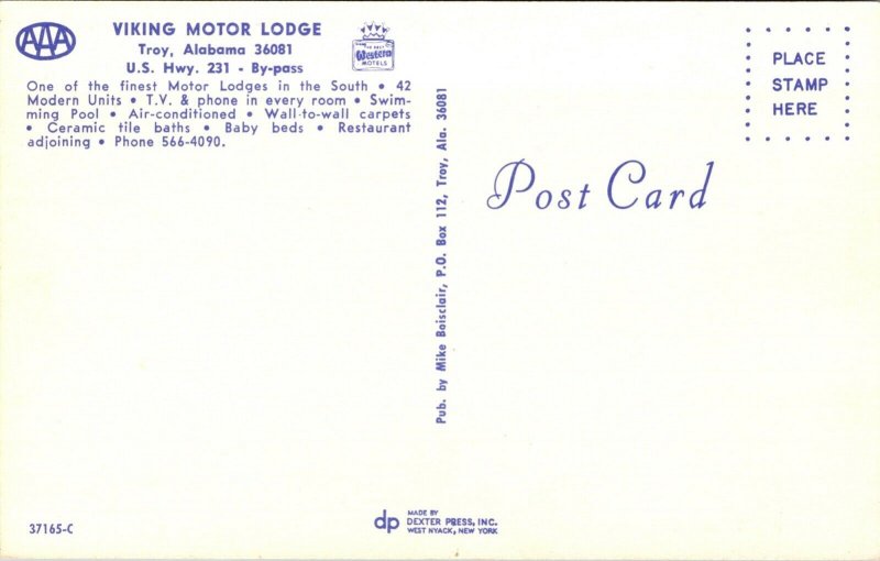 Postcard Viking Motor Lodge U.S. Highway 231 in Troy, Alabama