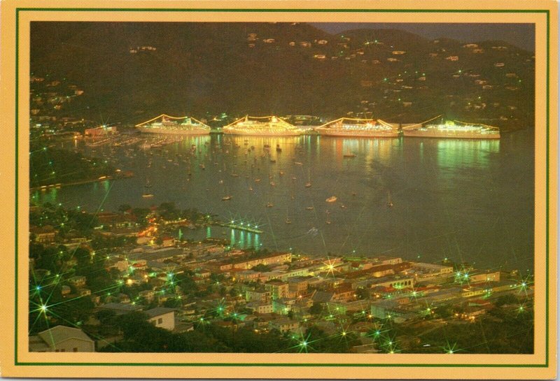 postcard Virgin Islands - Charlotte Amalie Harbor at dusk