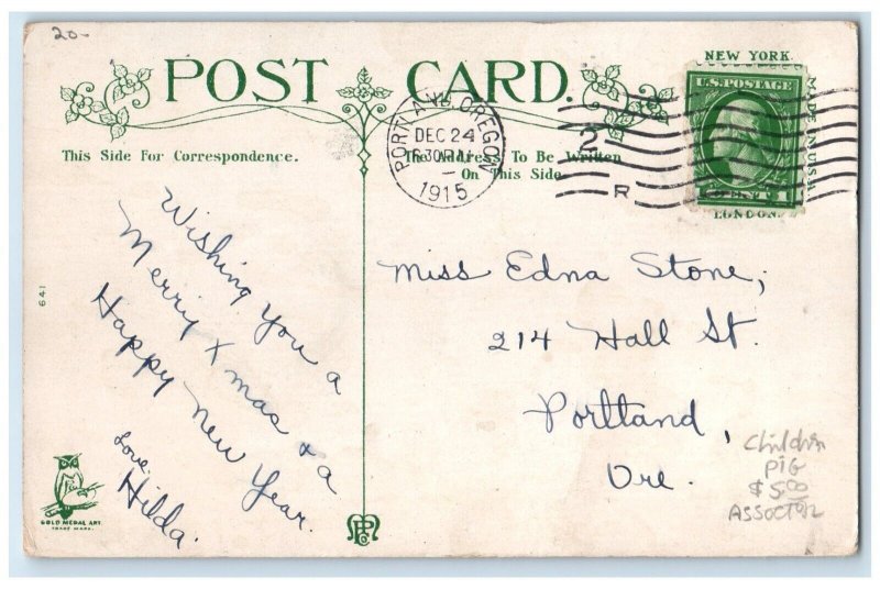 1915 Christmas Girls Holly Berries Winter Scene Portland Oregon OR Postcard