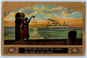 Woman Postcard Waving Steamer Ship Although Far From My Eyes So Near To My Heart