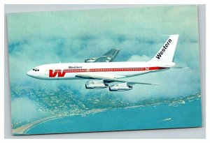 Vintage Photo Advertising Postcard Western Airlines Jet Flying Over City