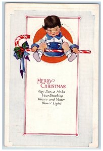 c1910's Christmas Boy Candy Cane Present Holly Blue Ribbon Embossed Postcard