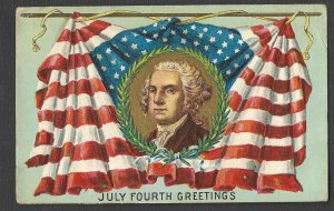 1908 PPC* VINTAGE PATRIOTIC WASHINGTON W/FLAGS & BANNERS JULY 4TH EMBOSSED ETC