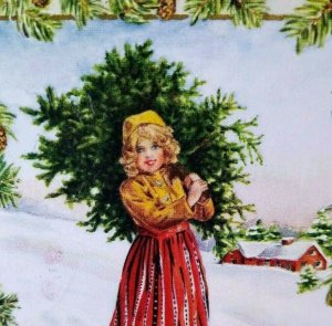 Christmas Postcard Whitney Women Carries X-mas Tree Vintage 1915 Nashua NH