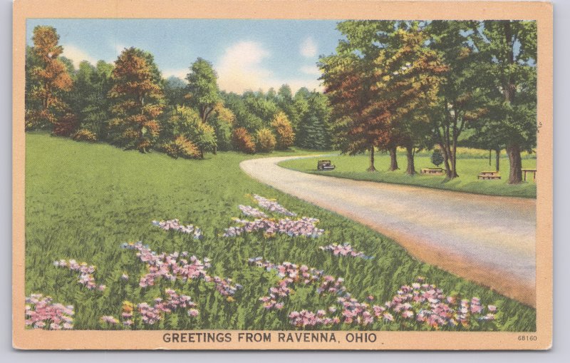 Ravenna, Ohio Greetings from Ravenna Ohio Country Road, car parked on grass