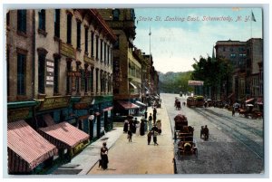 1910 State Street Looking East Stores Trolley Cars Schenectady NY Postcard