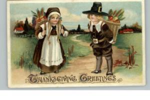 THANKSGIVING Little Boy & Girl Pilgrims c1910 Postcard