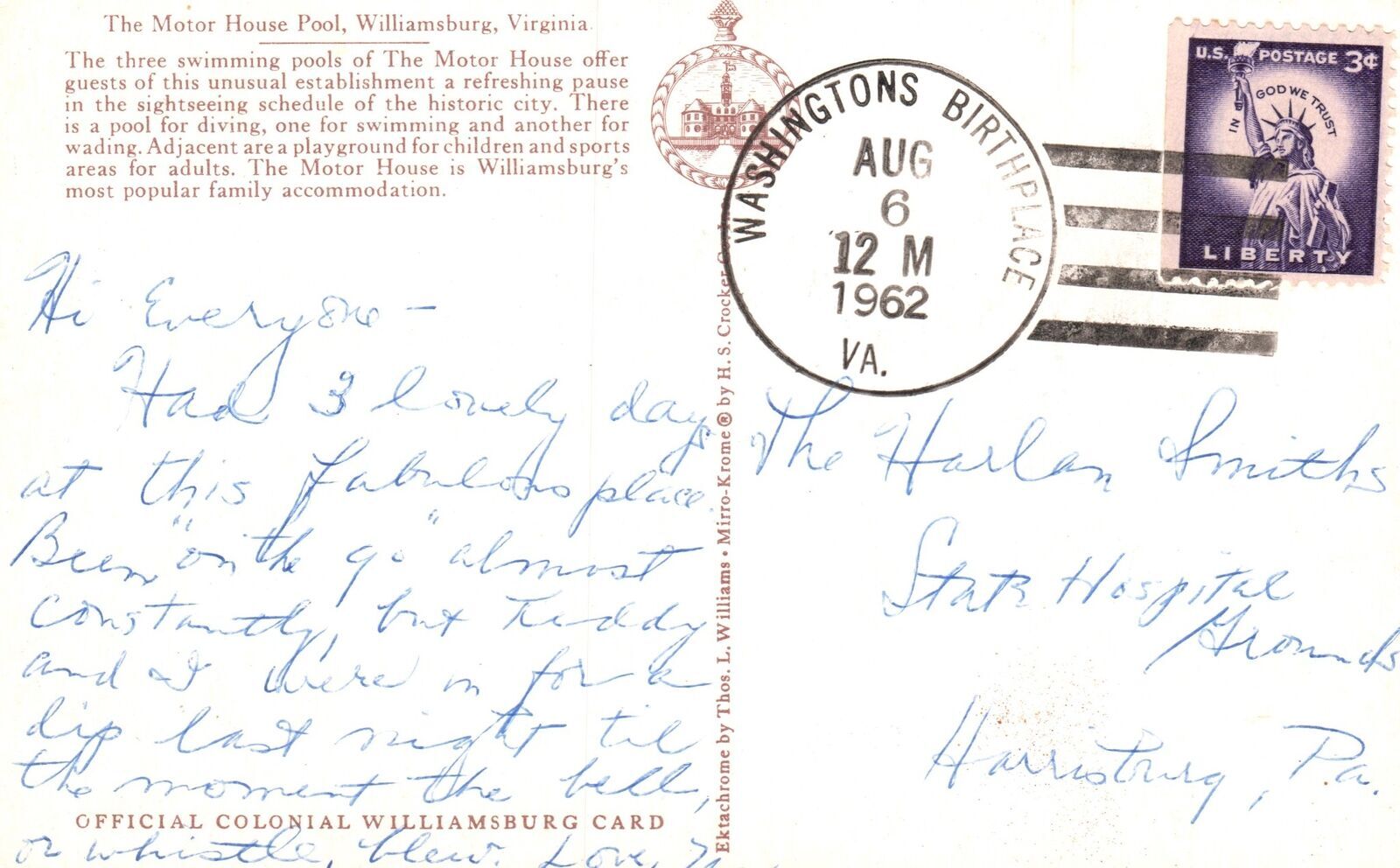 Vintage Postcard 1962 Motor House Swimming Pool Resort Williamsburg