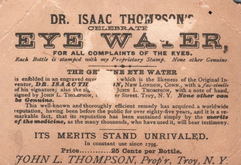 1880s-90s Dr. Issac Thompson's Eye Water Troy Trade Card Girl Cleaning Boys Eye