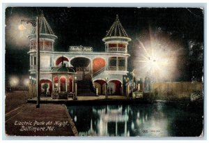 1908 Scenic View Electric Park Night Baltimore Maryland Antique Vintage Postcard