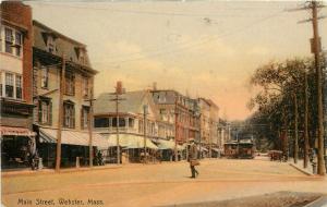 Chromograph Postcard; Main Street Scene Webster MA Worcester County Trolleys