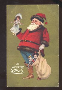 LARGE FULL FIGURE SANTA CLAUS TOYS DOLLS GOLD BORDER VINTAGE CHRISTMAS POSTCARD